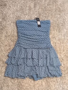 Light Blue Polka Dot Strapless Ruffle Romper. New ! Built In Shorts ! 💙